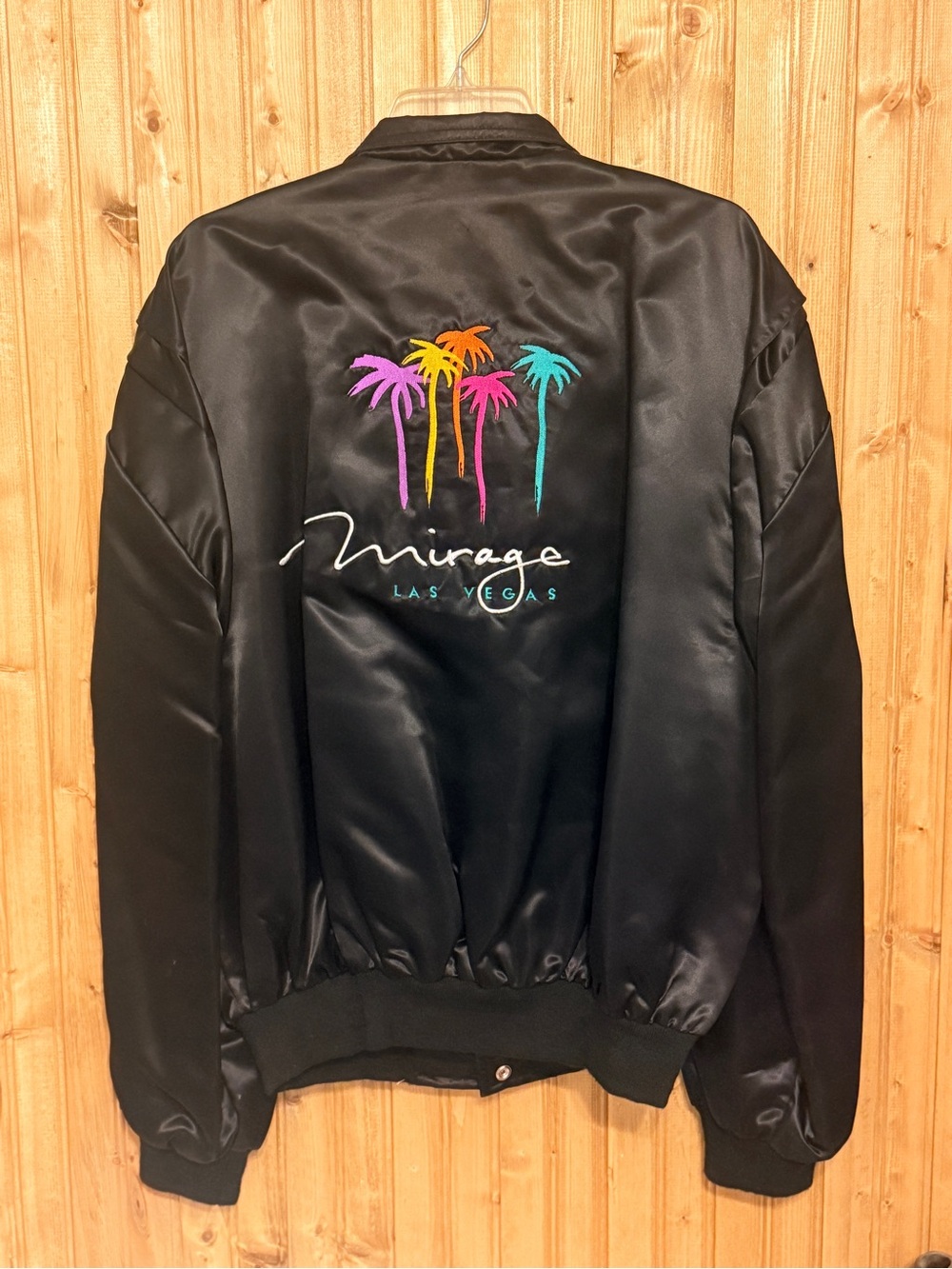 Mirage Las Vegas Black Satin Bomber Jacket with Neon Palm Embroidery Mint XL